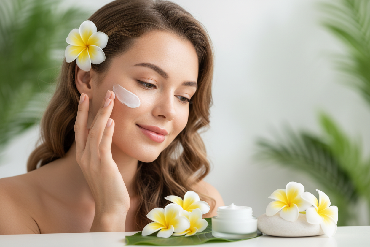 A beautiful natural looking skin care model with plumeria flowers applying facial cream to her face